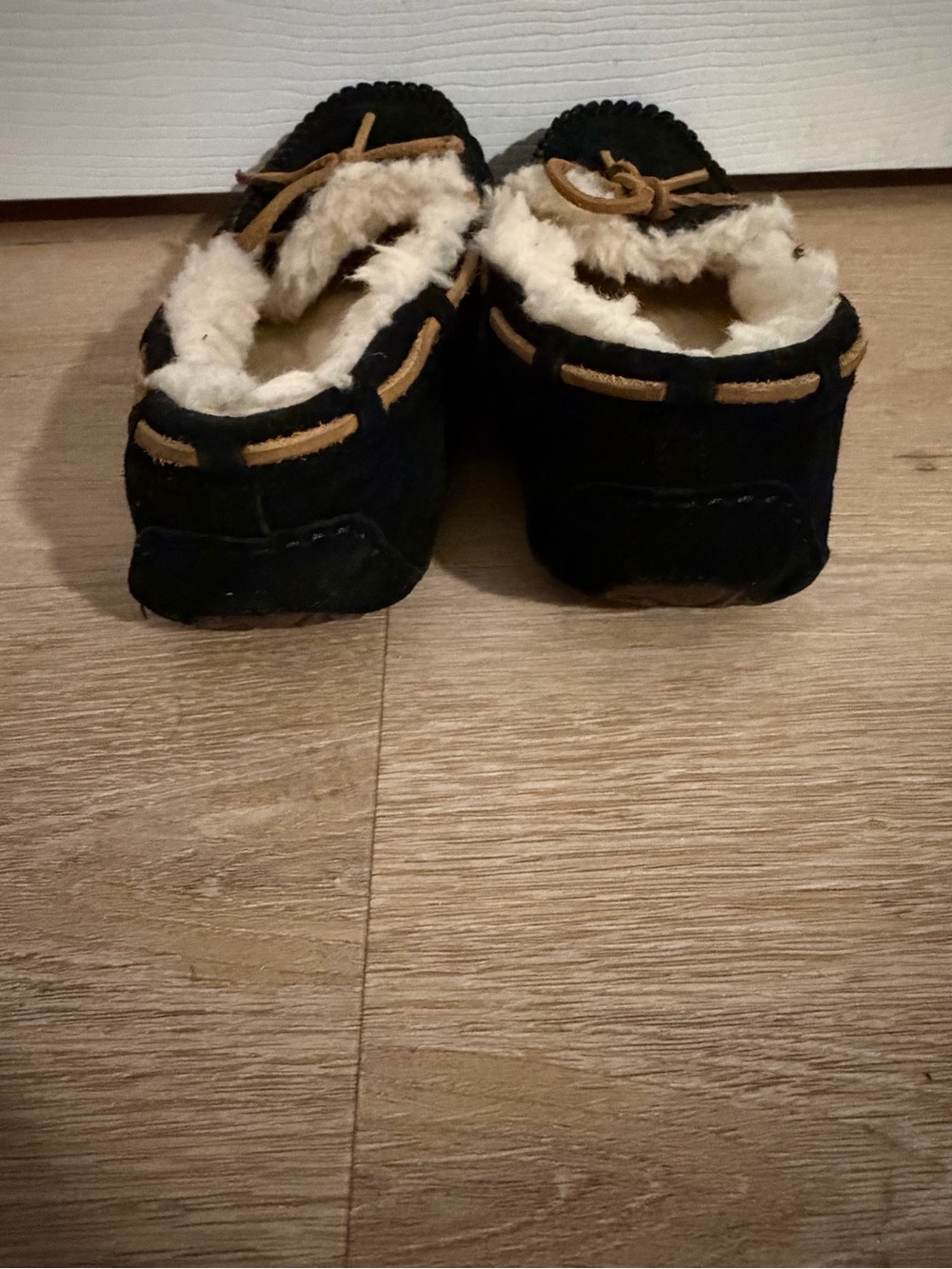 UGG Women’s Black Suede Moccasin Slippers with Cream Shearling - Picture 3 of 3